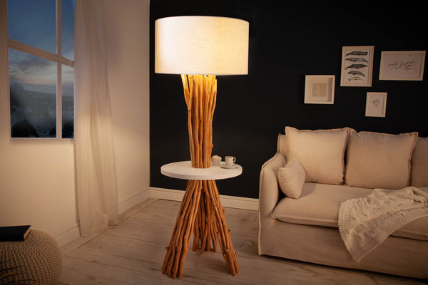 Stehlampe natur weiß 153cm recyceltes Longanholz mit Ablage Unikat - Aussteller